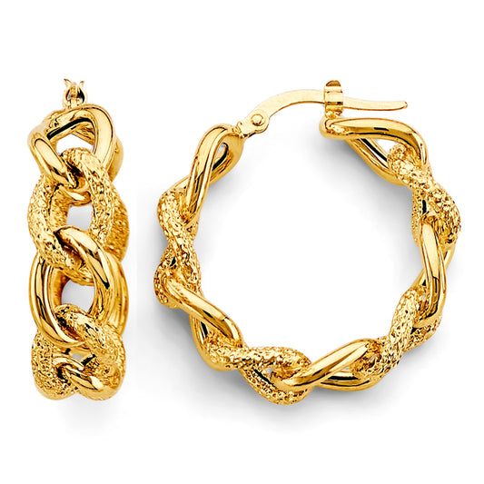 14K Yellow Gold Textured & Polished Link Hoop Earrings aprox 1" in diameter
