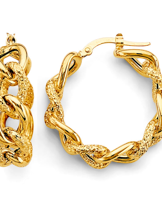 14K Yellow Gold Textured & Polished Link Hoop Earrings aprox 1