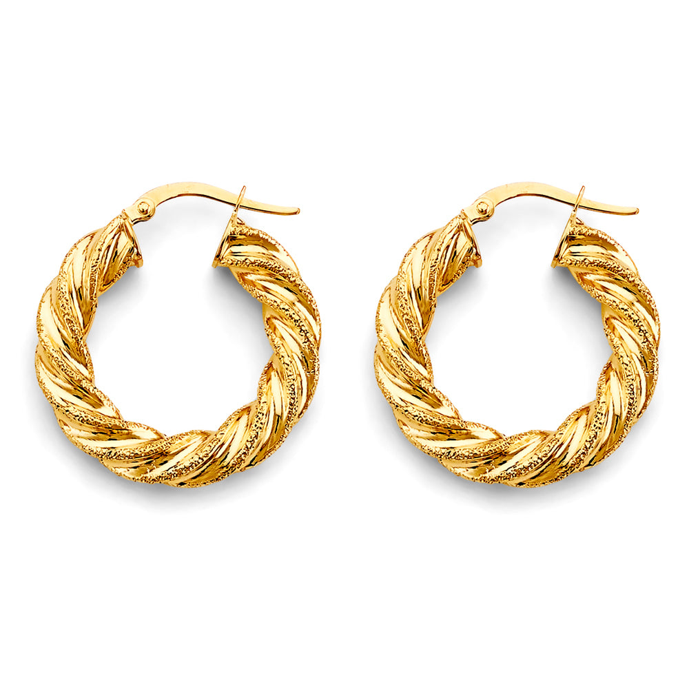 14K Yellow Gold Twisted Diamond-Cut Hoop Earrings aprox 1" tall