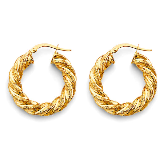 14K Yellow Gold Twisted Diamond-Cut Hoop Earrings aprox 1" tall
