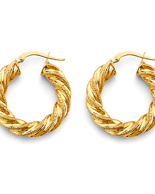 14K Yellow Gold Twisted Diamond-Cut Hoop Earrings aprox 1