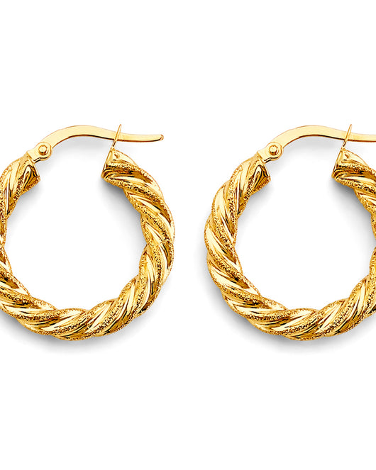 14K Yellow Gold Twisted Diamond-Cut Hoop Earrings aprox 1