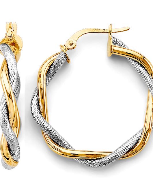 14K Two-Tone Gold Twisted Fancy Hoop Earrings aprox 1 1/4