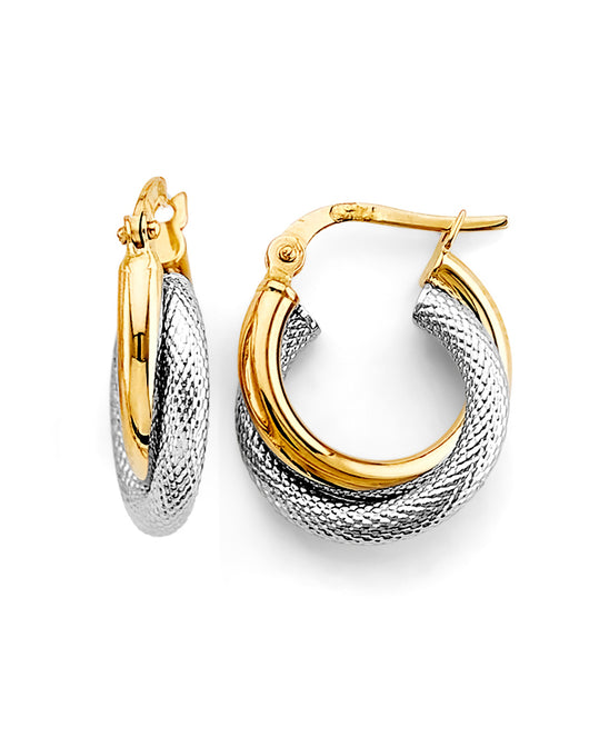 14K Two-Tone Gold Twisted Diamond-Cut Hoop Earrings aprox 1/2
