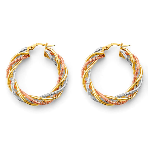 14K Tri-Color Gold Twisted Braided Fancy Hoop Earrings 1 1/4" in diameter