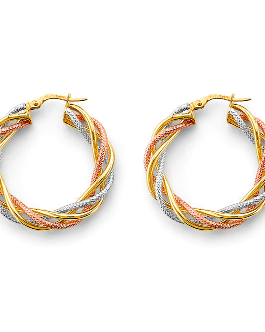 14K Tri-Color Gold Twisted Braided Fancy Hoop Earrings 1 1/4