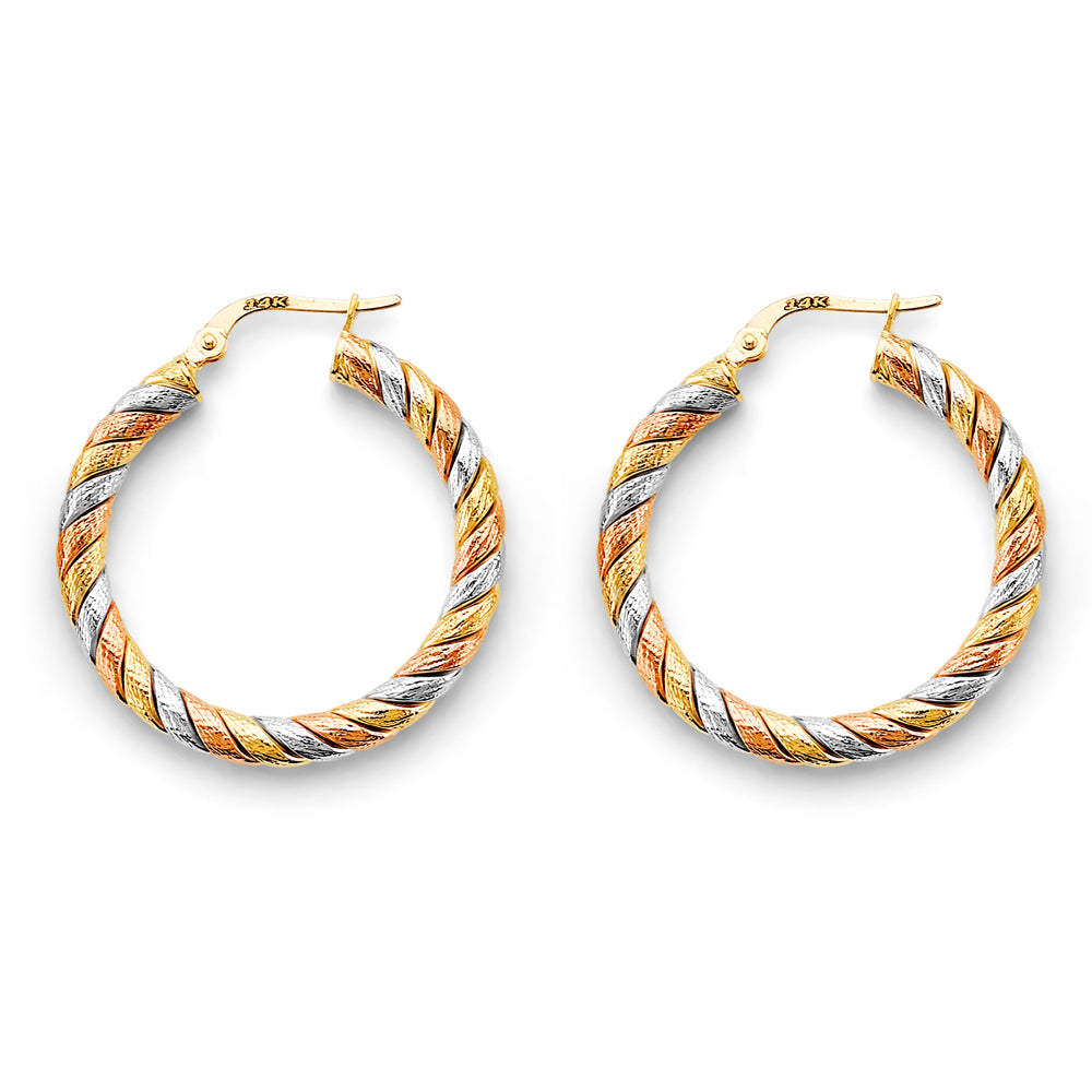 14K Tri-Color Gold High-Polished Twisted Fancy Hoop Earrings aprox 1 1/4" in diameter