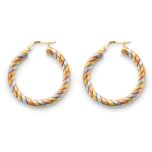 14K Tri-Color Gold High-Polished Twisted Fancy Hoop Earrings aprox 1 1/4" in diameter
