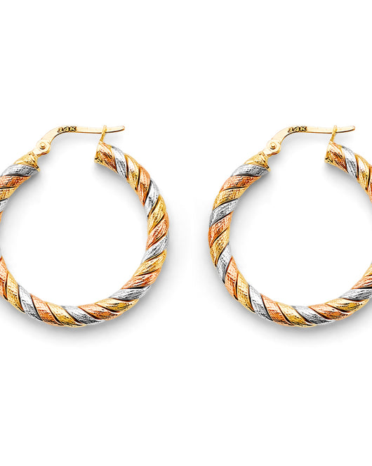 14K Tri-Color Gold High-Polished Twisted Fancy Hoop Earrings aprox 1 1/4