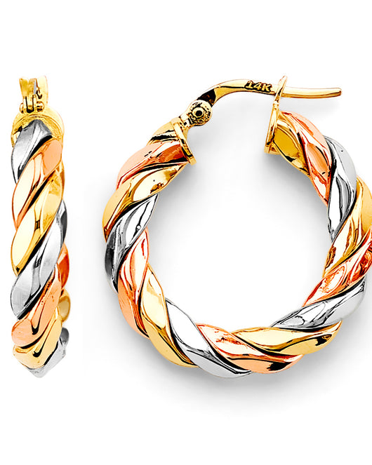 14K Tri-Color Gold High-Polished Twisted Fancy Hoop Earrings aprox 1