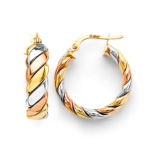 14K Tri-Color Gold High-Polished Twisted Fancy Hoop Earrings aprox 3/4" in diameter