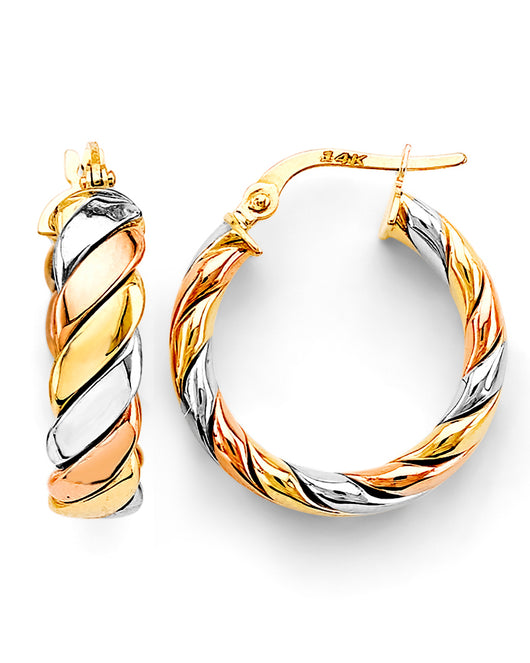 14K Tri-Color Gold High-Polished Twisted Fancy Hoop Earrings aprox 3/4