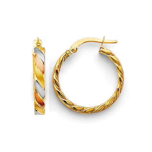 14K Tri-Color Gold Twisted Fancy Hoop Earrings aprox 3/4" in diameter