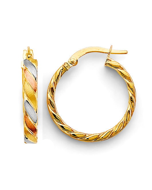 14K Tri-Color Gold Twisted Fancy Hoop Earrings aprox 3/4