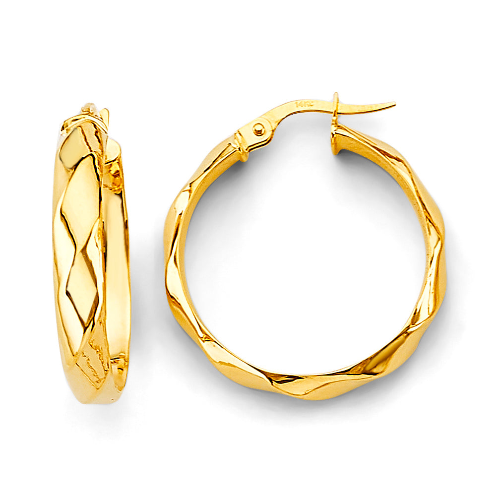 14K Yellow Gold Diamond-Cut Faceted Hoop Earrings aprox 1" in diameter