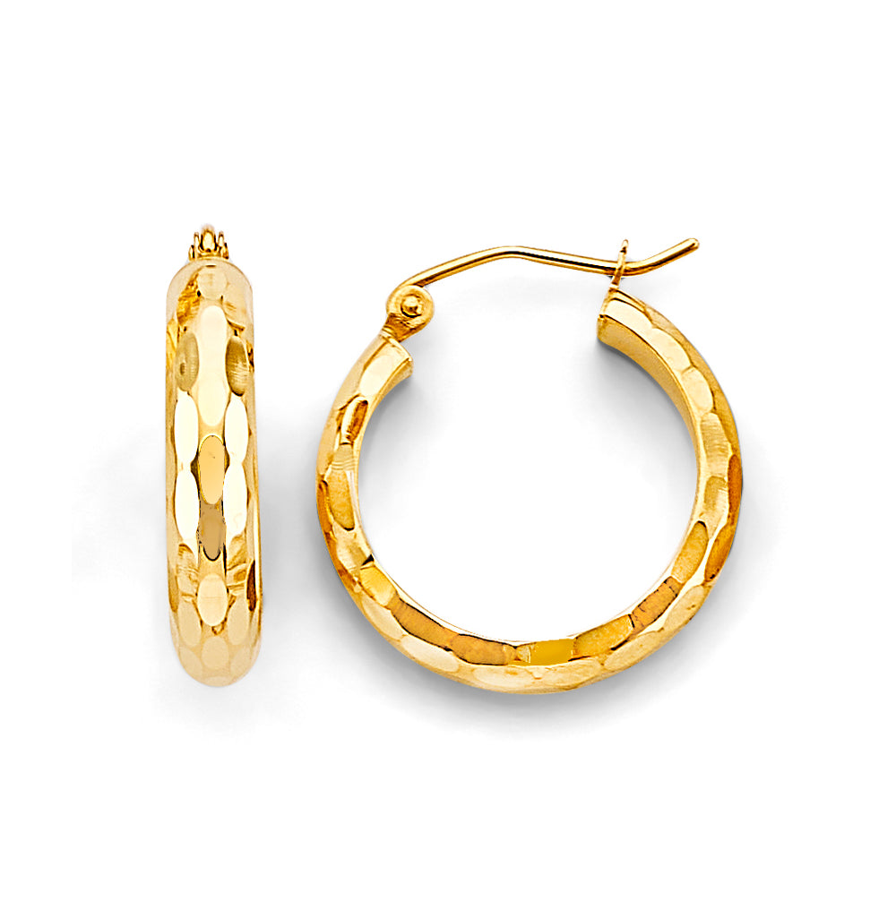 14K Yellow Gold Diamond-Cut Faceted Hoop Earrings 4mm thick aprox 3/4"" in diameter