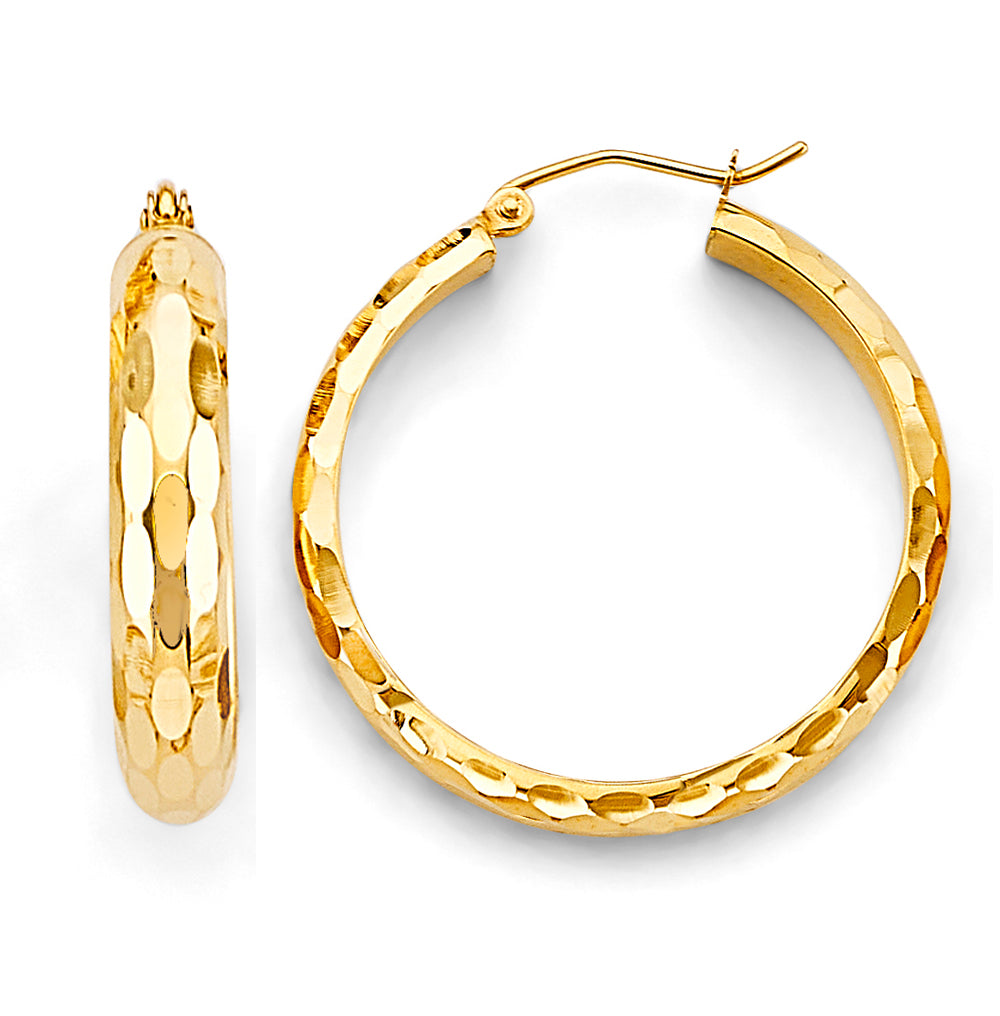 14K Yellow Gold Diamond-Cut Faceted Hoop Earrings 4mm thick aprox 1 1/4"" in diameter