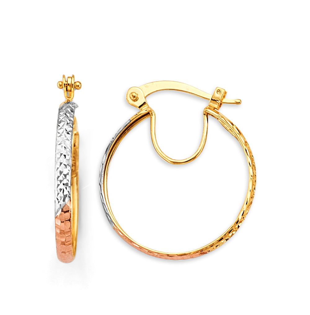 14K Tri-Color Gold Diamond-Cut Faceted Hoop Earrings 3mm thick aprox 3/4" in diameter