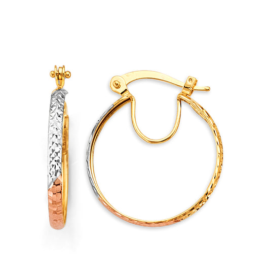 14K Tri-Color Gold Diamond-Cut Faceted Hoop Earrings 3mm thick aprox 3/4" in diameter