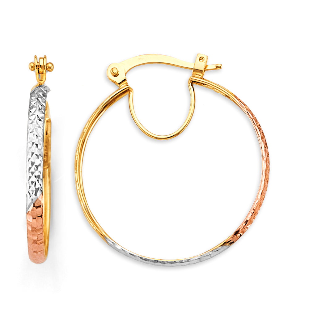 14K Tri-Color Gold Diamond-Cut Faceted Hoop Earrings 3mm thick aprox 1" in diameter