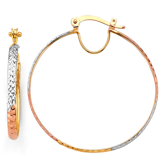 14K Tri-Color Gold Diamond-Cut Faceted Hoop Earrings 3mm thick aprox 1.5" in diameter