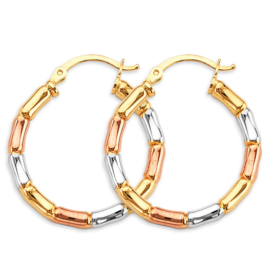 14K Tri-Color Gold Bamboo-Style Hoop Earrings 3mm thick aprox 1" in diameter