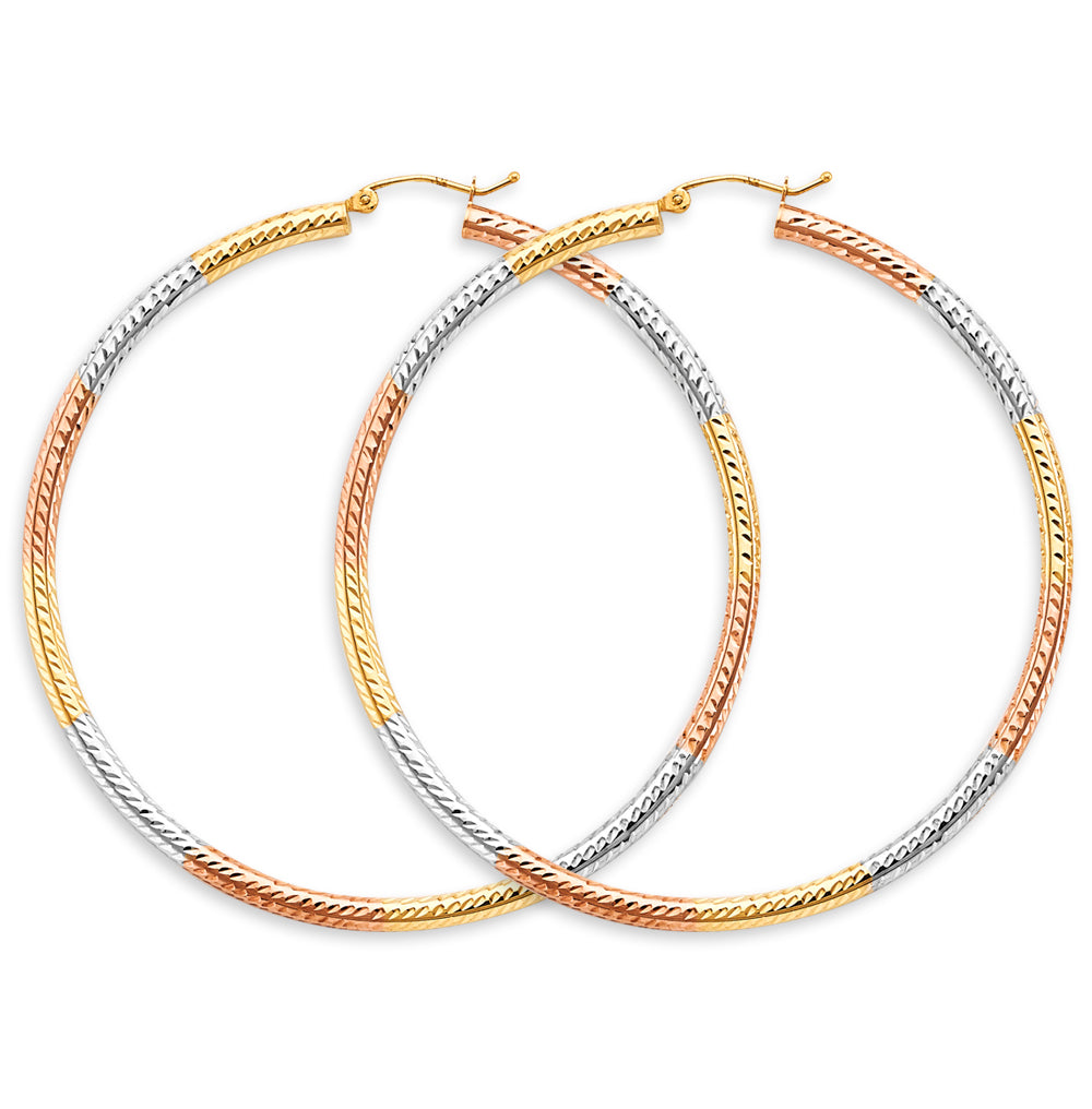 14K Tri-Color Gold Diamond-Cut Faceted Hoop Earrings 3mm thick aprox 2.5" in diameter