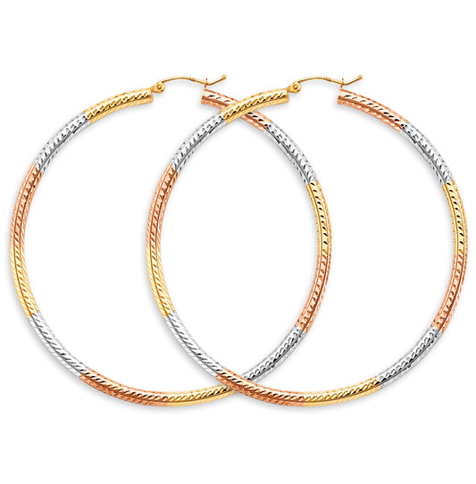 14K Tri-Color Gold Diamond-Cut Faceted Hoop Earrings 3mm thick aprox 2.5" in diameter