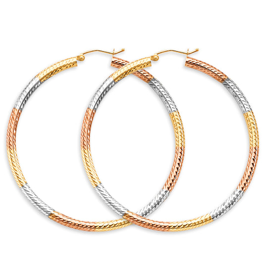 14K Tri-Color Gold Diamond-Cut Faceted Hoop Earrings 3mm thick aprox 2.25" in diameter