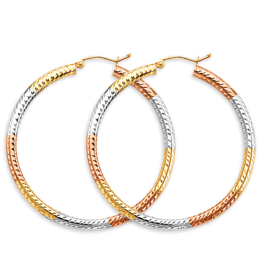 14K Tri-Color Gold Diamond-Cut Faceted Hoop Earrings 3mm thick aprox 1 3/4" in diameter