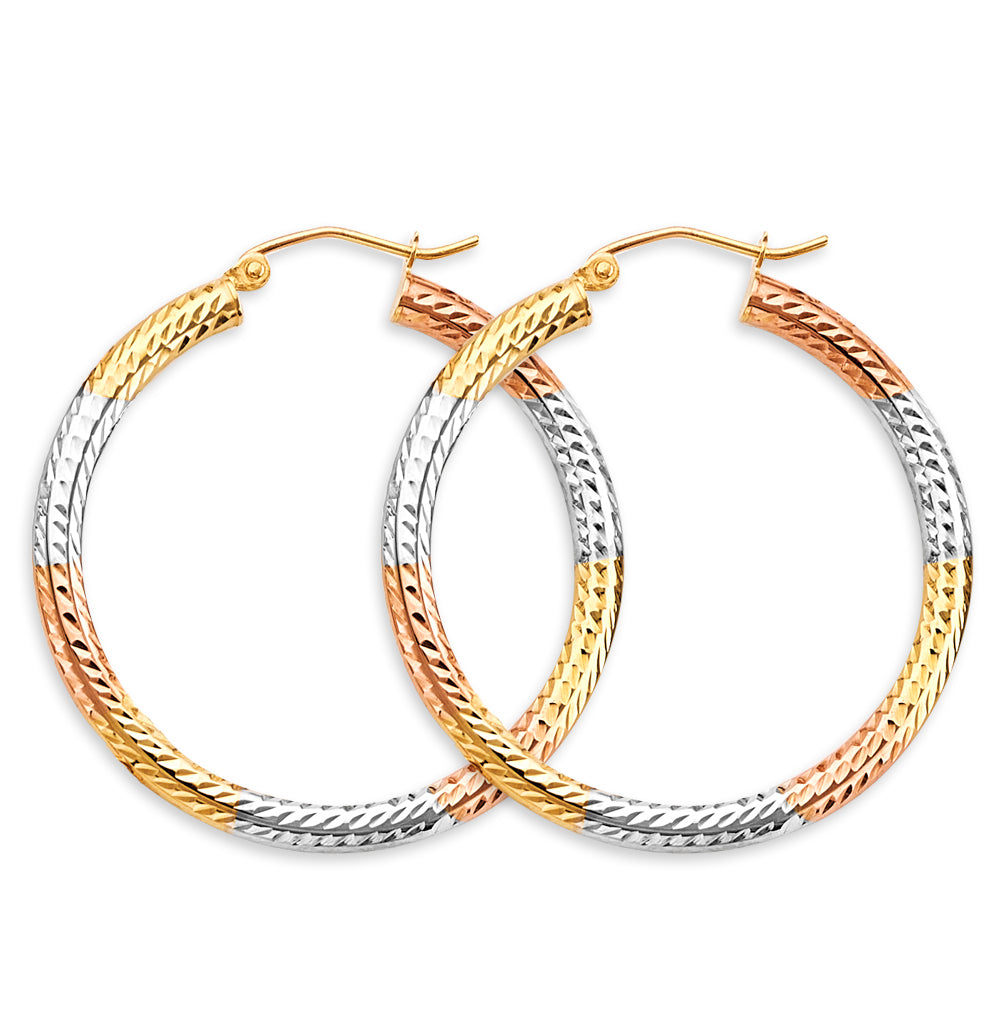 14K Tri-Color Gold Diamond-Cut Faceted Hoop Earrings 3mm thick aprox 1.5" in diameter