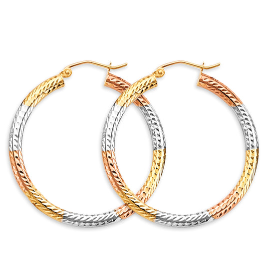 14K Tri-Color Gold Diamond-Cut Faceted Hoop Earrings 3mm thick aprox 1.5" in diameter