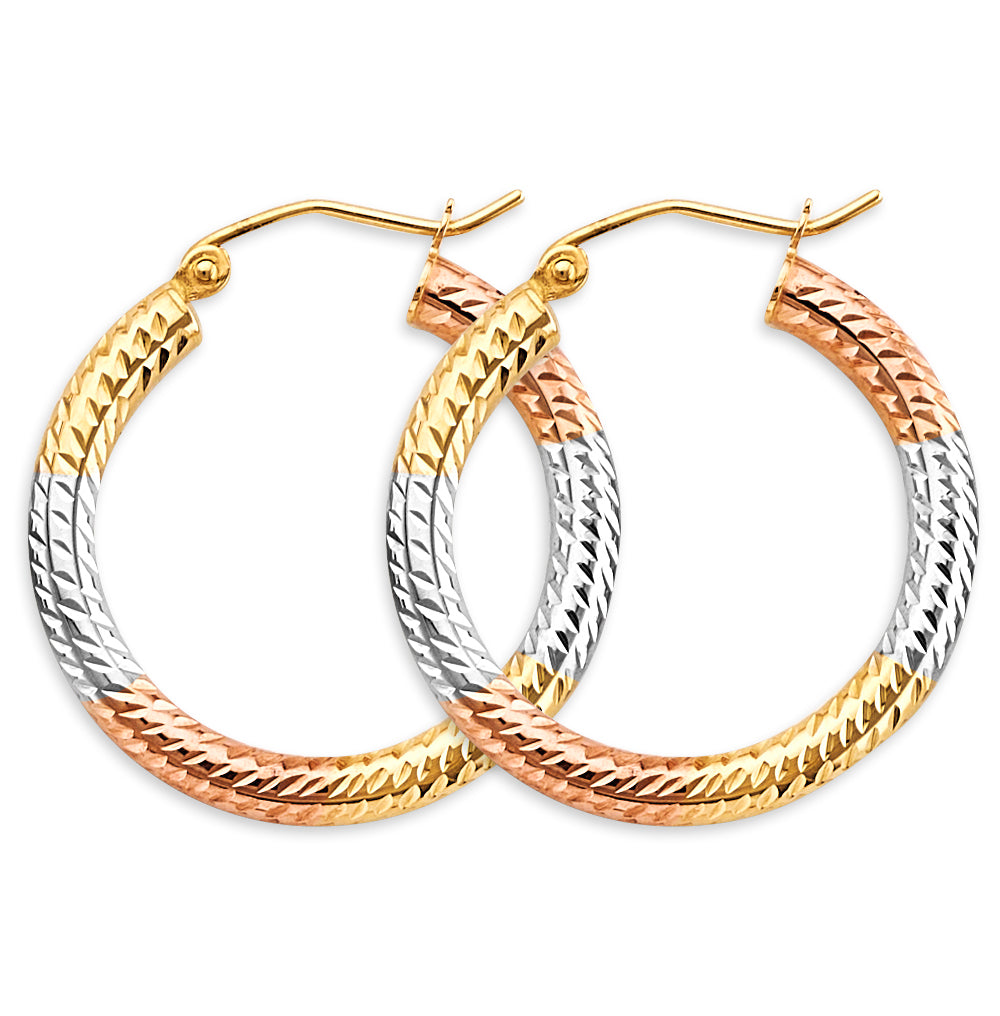 14K Tri-Color Gold Diamond-Cut Faceted Hoop Earrings 3mm thick aprox 1" in diameter