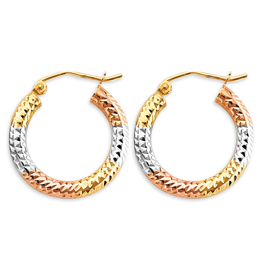 14K Tri-Color Gold Diamond-Cut Faceted Hoop Earrings 3mm thick aprox 3/4" in diameter