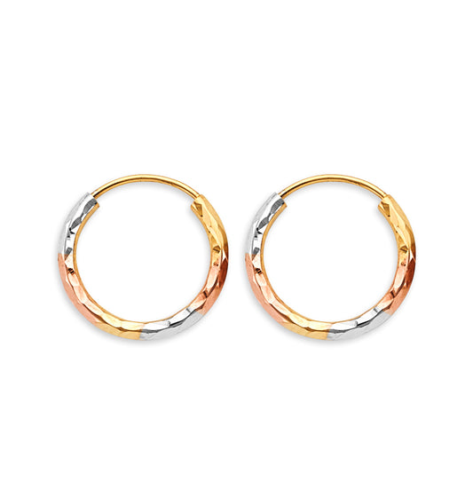 14K Tri-Color Gold Diamond Cut Faceted Hoop Earrings 1.8mm thick aprox 1/2 " in diameter