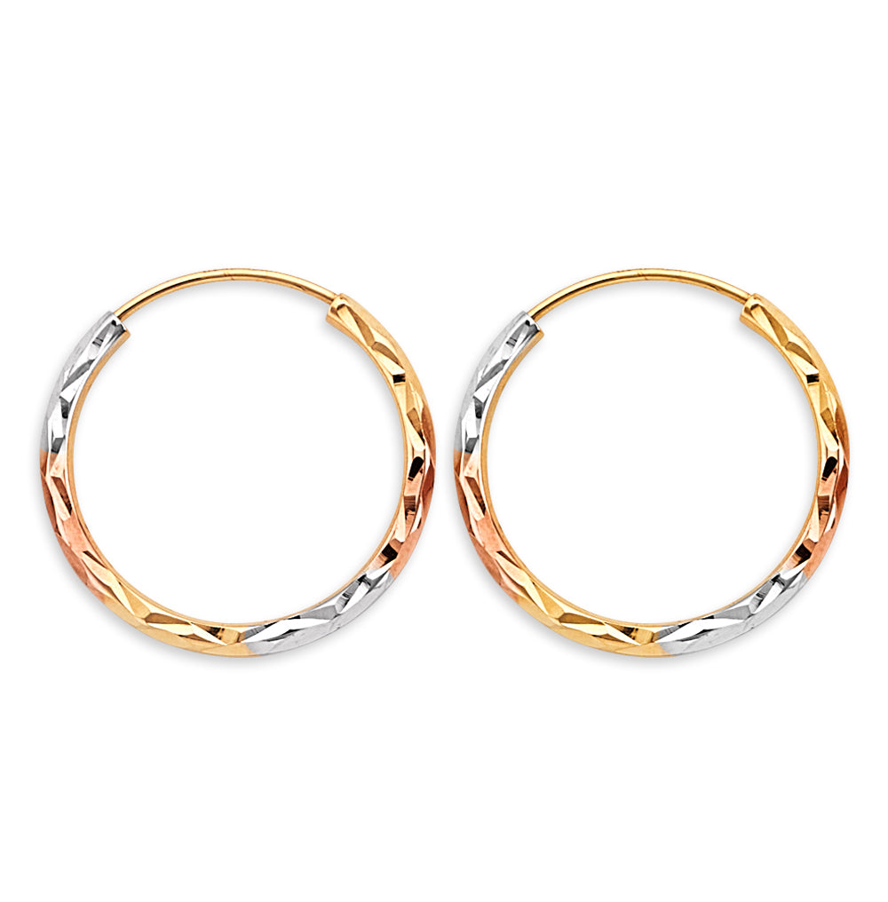 14K Tri-Color Gold Diamond Cut Faceted Hoop Earrings 1.8mm thick aprox 3/4" in diameter