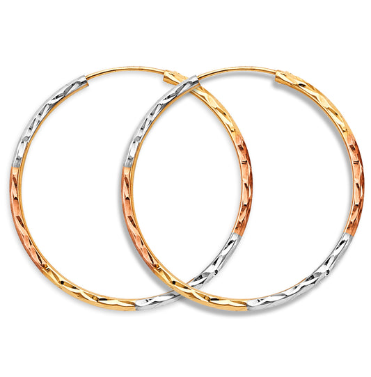 14K Tri-Color Gold Diamond Cut Faceted Hoop Earrings 1.8mm thick aprox 1.5" in diameter