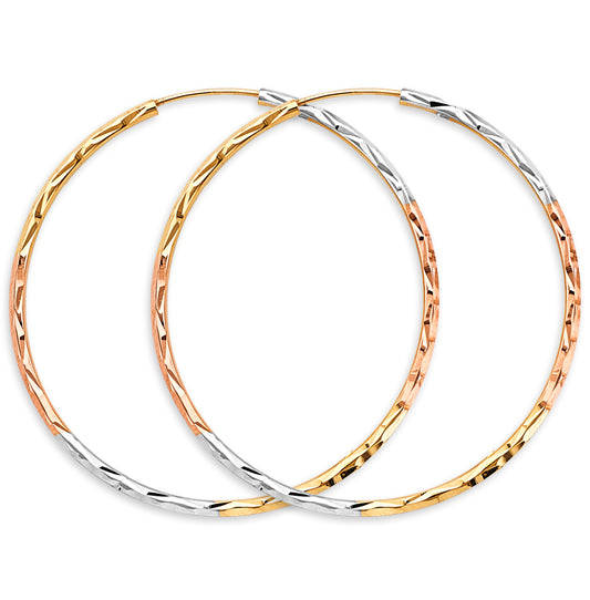 14K Tri-Color Gold Diamond Cut Faceted Hoop Earrings 1.8mm thick aprox 1 3/4" in diameter