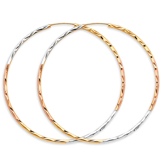 14K Tri-Color Gold Diamond Cut Faceted Hoop Earrings 1.8mm thick aprox 2.25" in diameter