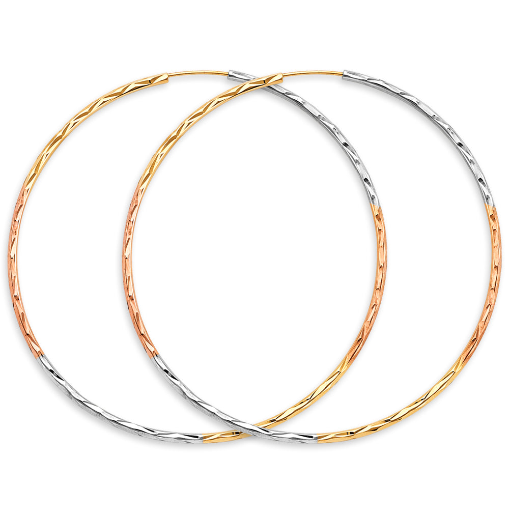 14K Tri-Color Gold Diamond Cut Faceted Hoop Earrings 1.8mm thick aprox 2.5" in diameter