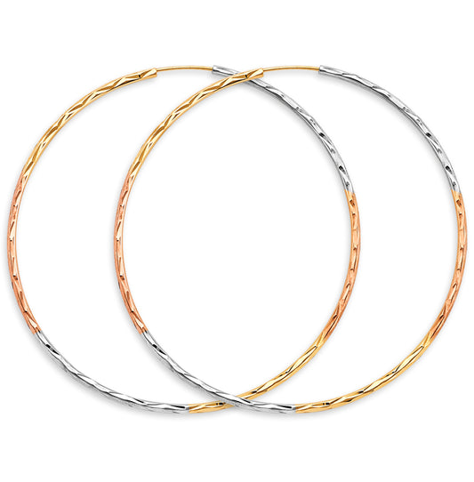 14K Tri-Color Gold Diamond Cut Faceted Hoop Earrings 1.8mm thick aprox 2.5" in diameter