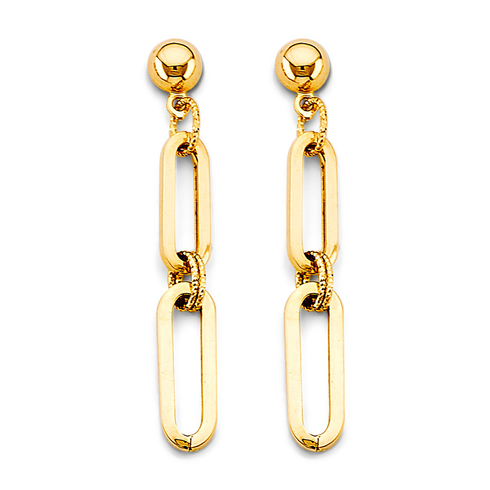 14K Yellow Gold Paperclip Link Dangle Earrings 1 3/4" tall
