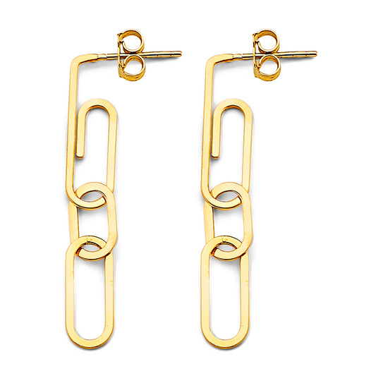 14K Yellow Gold Geometric Paperclip Link Dangle Earrings 1 1/2" tall