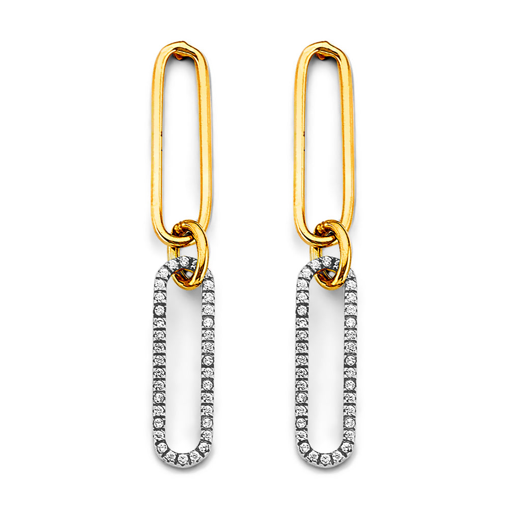 14K Two-Tone Gold Paperclip Link CZ Dangle Earrings 1 3/4" tall