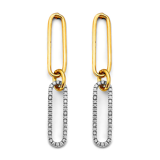 14K Two-Tone Gold Paperclip Link CZ Dangle Earrings 1 3/4" tall