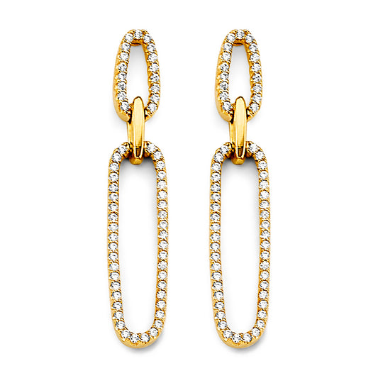14K Yellow Gold Double Paperclip Link CZ Dangle Earrings 1 1/2" tall