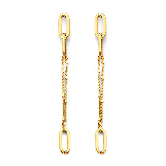 14K Yellow Gold Double Chain Paperclip Link Dangle Earrings 2 1/2" tall