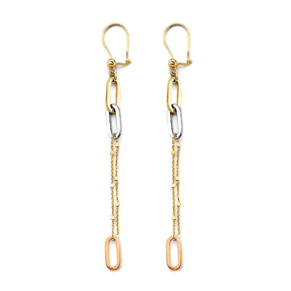14K Tri-Color Gold Paperclip Link Double Chain Dangle Earrings 3" tall