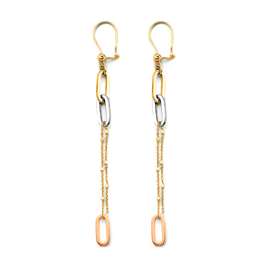 14K Tri-Color Gold Paperclip Link Double Chain Dangle Earrings 3" tall