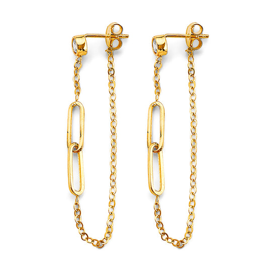 14K Yellow Gold Paperclip Link Chain CZ Dangle Earrings 1 /34" tall